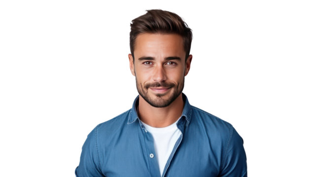 Portrait of handsome young man in shirt smiling at camera isolated on transparent and white background.PNG image