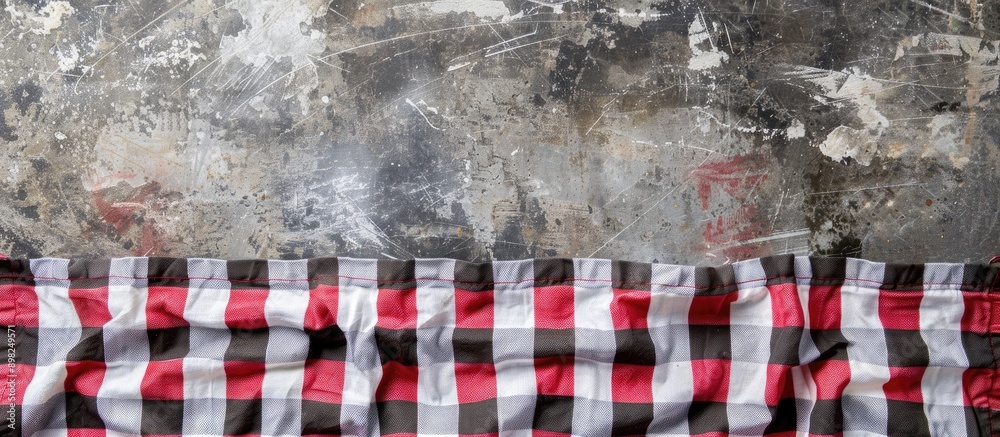 Poster view from above of a checkered tablecloth on a concrete surface with space for images. creative bann