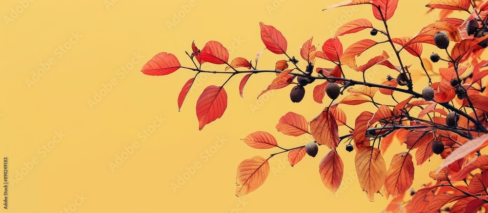 Poster Autumn tree branch close up on a light yellow background ideal for design projects with copy space image for text in a web banner