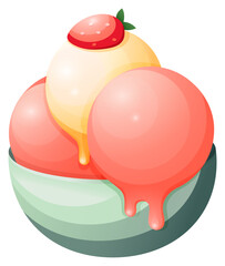 Vector cute cartoon ice cream with colorful cream balls and strawberry in a cup sticker on a transparent background. Cute sweet food ice cream sticker art design