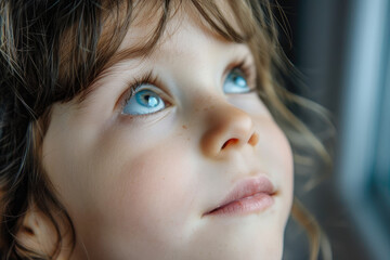 Child gazes up with trust and confidence secure in Christian upbringing