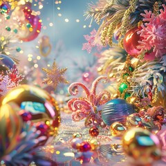 Fantasy abstract Christmas winter festive composition. Colorful Xmas background realistic decorative design objects 3d render