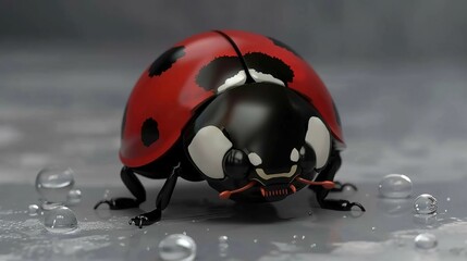 Fototapeta premium A ladybug figurine sits atop a table, surrounded by droplets of water