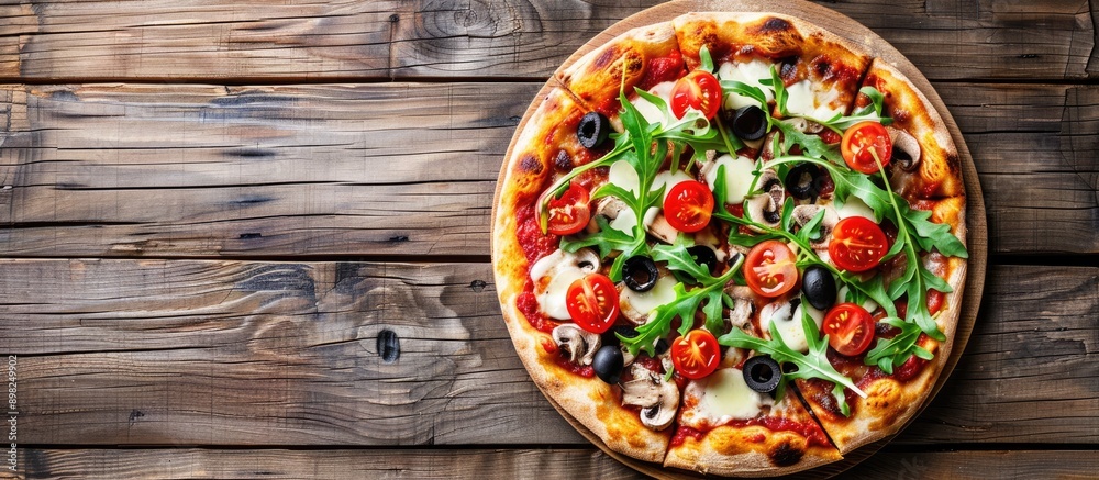 Poster delicious italian pizza topped with mozzarella tomato olives mushrooms and arugula on a rustic woode