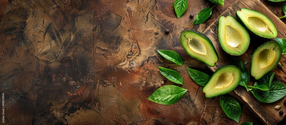 Aufkleber avocado slices with leaves displayed on a wooden cutting board with ample copy space image
