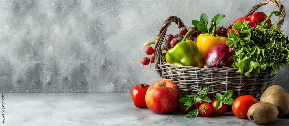 Poster Basket containing a variety of fresh fruits and vegetables placed on a gray table with a blank space for an image. Creative banner. Copyspace image
