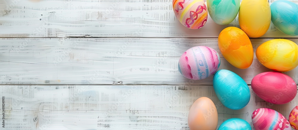 Poster colored easter eggs on white wood background with space for text or image. creative banner. copyspac