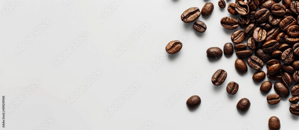 Poster coffee grains seen in a copy space image on a white surface