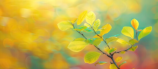 Fototapeta premium Vibrant autumn backdrop featuring a branch with yellow green leaves against a blurred backdrop of yellow green and red leaves with clear copy space image