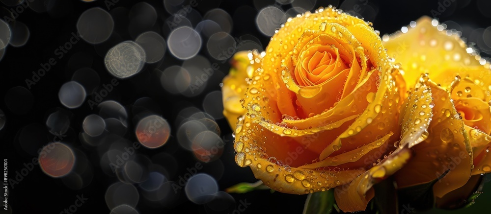 Poster close up image of double delight rose on black backdrop with white bokeh showcasing its yellow heart