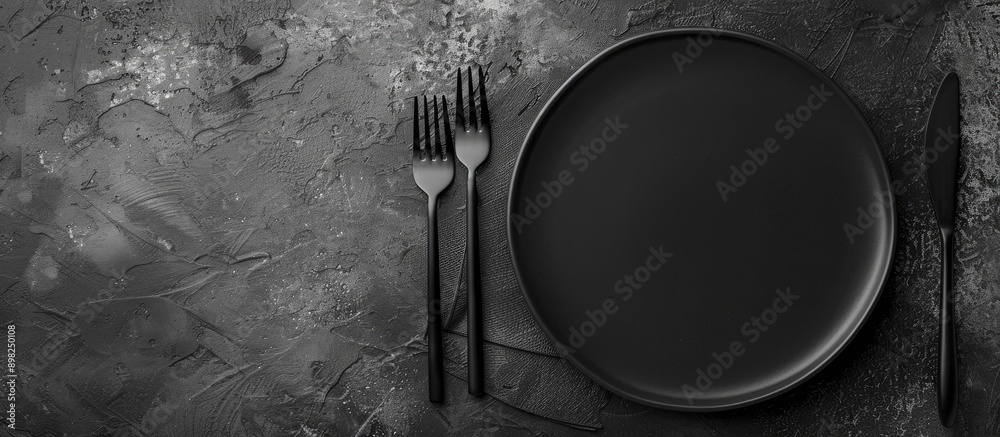 Leinwandbilder top view of a black plate and cutlery on a stone table set up with empty space for text or other ele
