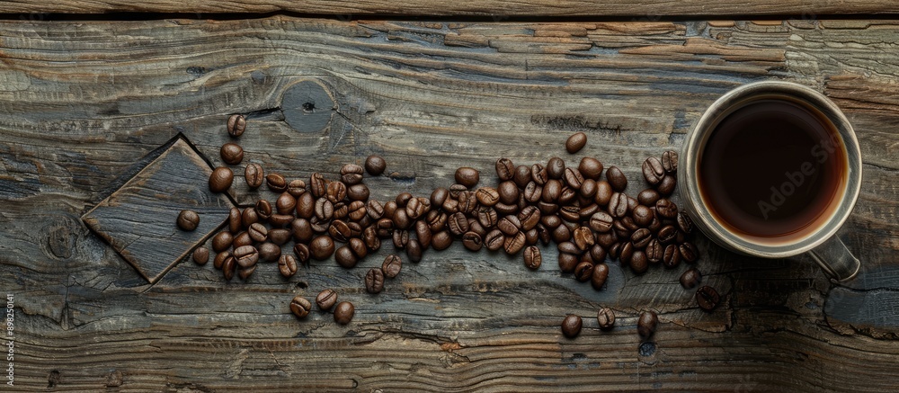 Poster Coffee beans arranged in the shape of an arrow pointing towards a cup of drink on a wooden backdrop with copy space image