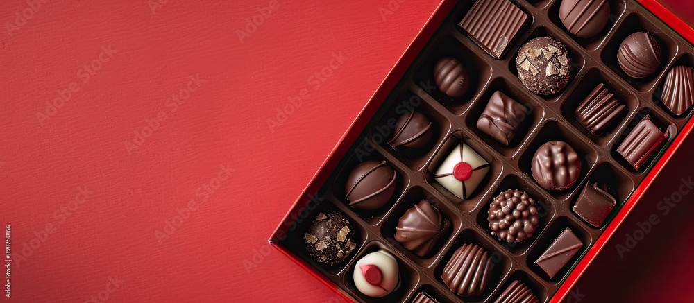 Poster Top view of a box filled with delicious chocolate candies on a red backdrop providing room for text in the image. Creative banner. Copyspace image