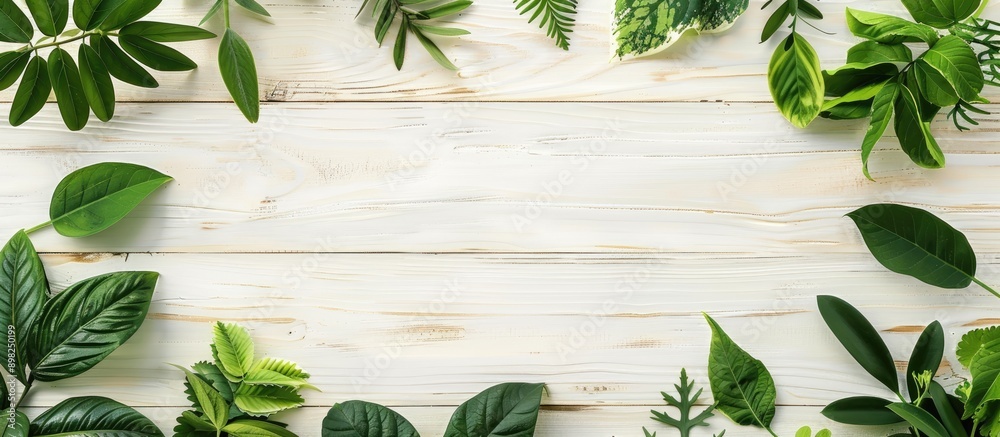 Poster top view of a border frame made of green leaves and plants on a white wooden background with copy sp