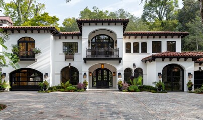 Obraz premium Elegant Spanish-Style Residence: Striking White and Black Facade with Rich Brown Accents. Luxurious Paver Driveway Complements Cinematic Architectural Design. AI-Generated 4K High-Resolution Wallpaper