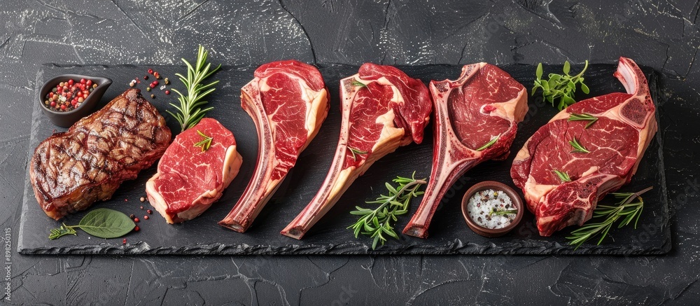 Poster Different types of beef steaks like ribeye tomahawk and T bone displayed on a stone background with copy space image