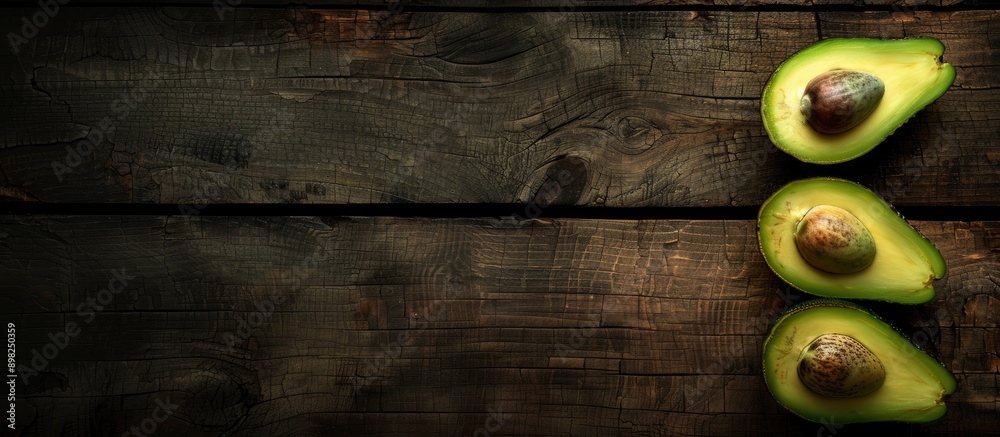 Poster avocado fruit displayed on a wooden surface with copy space image
