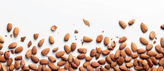 Obraz premium Almond nuts creating a border against a white backdrop with the shadow removed in the clipping path image. Creative banner. Copyspace image