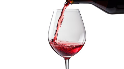 Pouring red wine into glass isolated on white background.