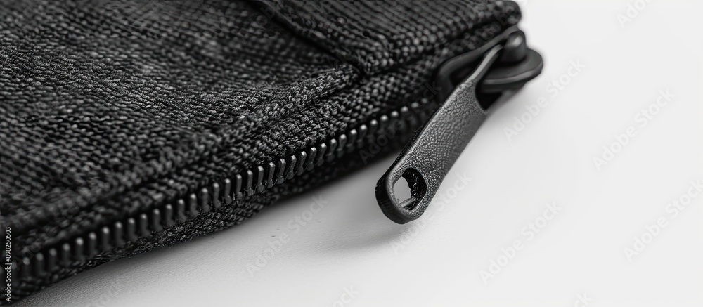 Poster Canvas pouch in black with zipper isolated on white background in a slightly blurred close up shot offering copy space for additional elements