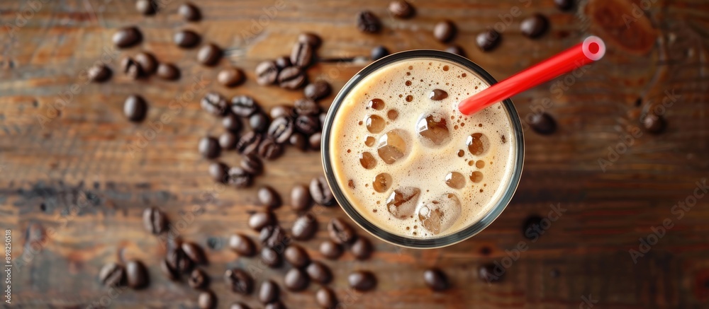 Poster cold summer drink with a red straw on a wooden table coffee beans in the backdrop above view with de