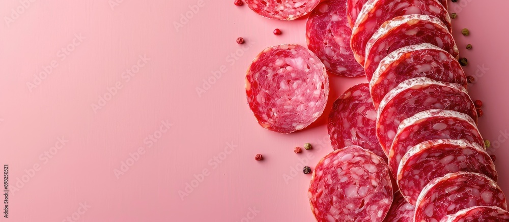 Poster delicious salami slices arranged on a bright backdrop with copy space image