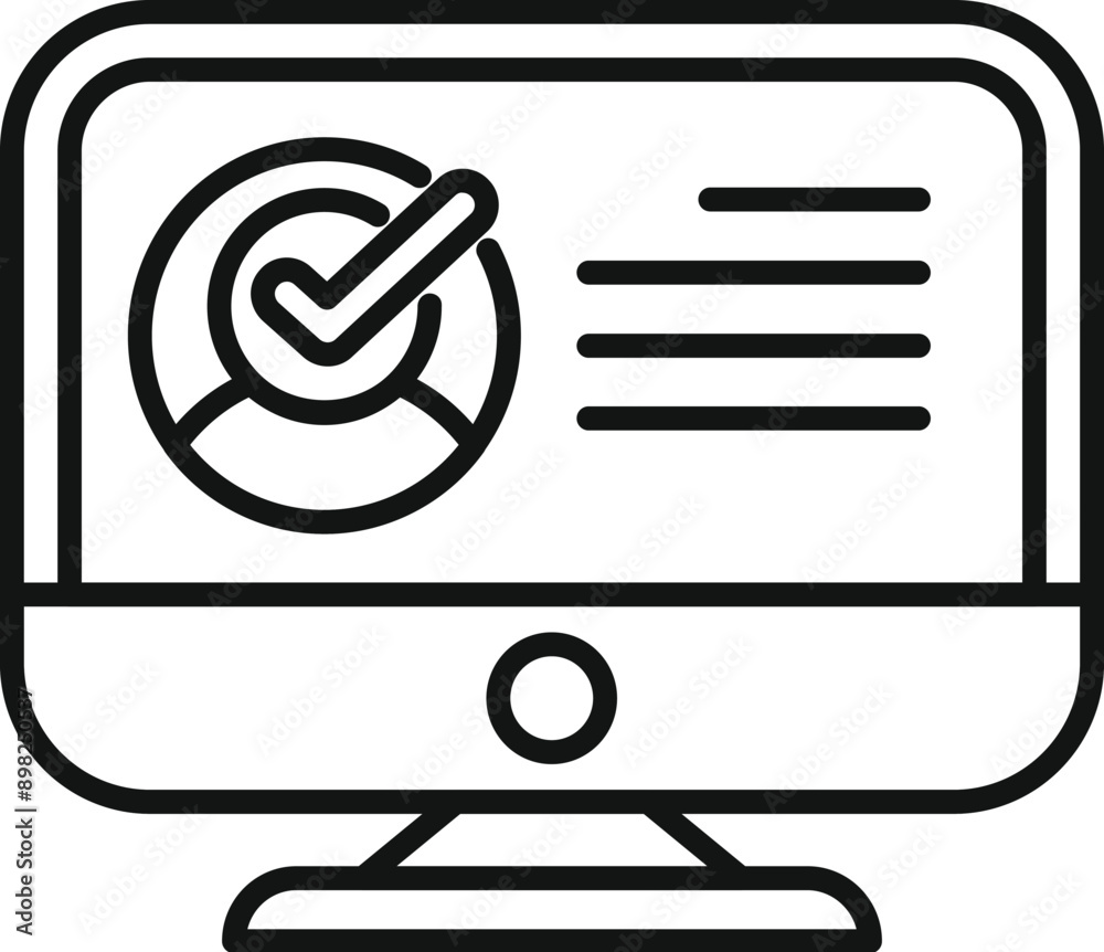 Poster line art style icon of a user profile on a computer screen with a check mark indicating successful v