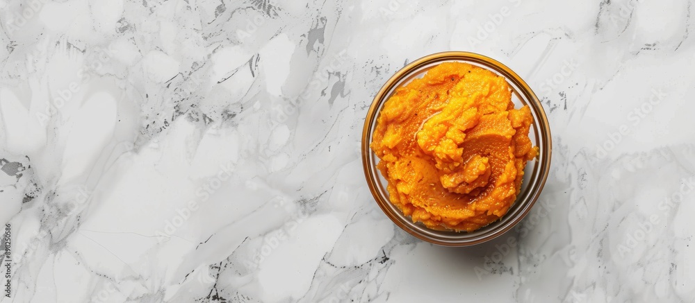 Poster Top view of a delicious sweet potato puree in a bowl on a marble surface with a blank space available for additional images