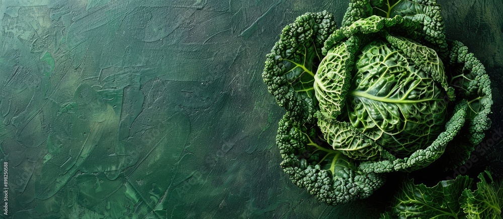 Poster Close up Savoy cabbage on a vibrant green backdrop with ample copy space image
