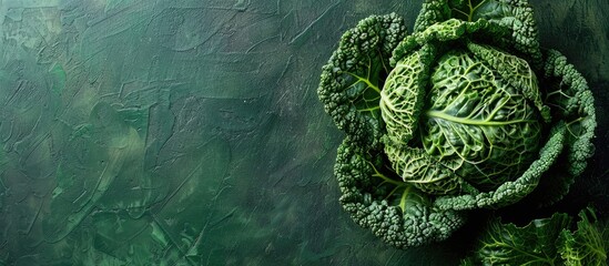 Obraz premium Close up Savoy cabbage on a vibrant green backdrop with ample copy space image