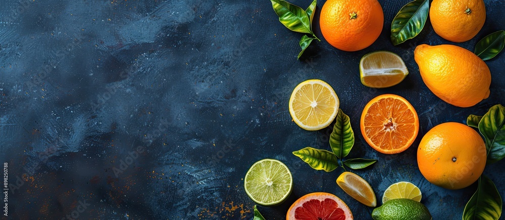 Poster Assorted citrus fruits with leaves creating a fresh and vibrant copy space image Includes orange grapefruit lemon lime and tangerine Perfect for healthy eating and vegetarian diet themes