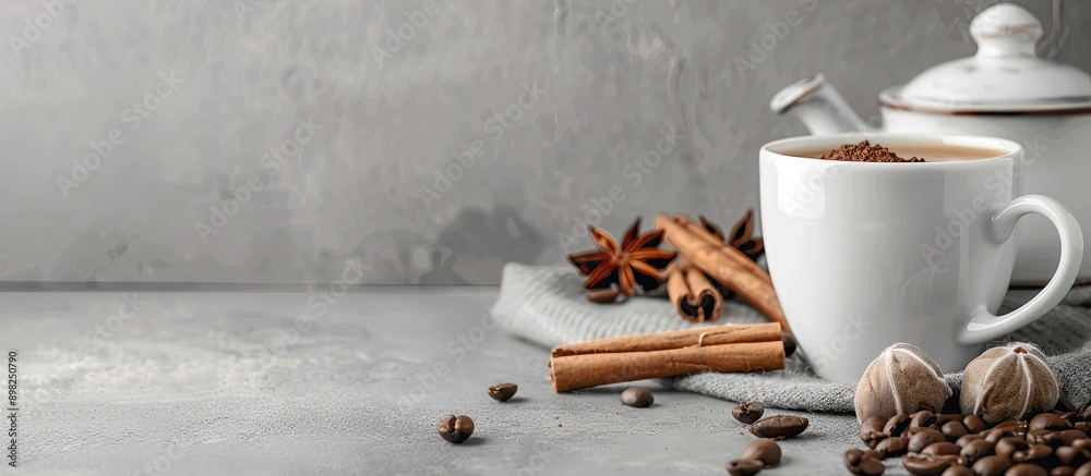 Aufkleber Coffee cup displayed with cinnamon teapot and coffee beans on a neutral grey background with ample copy space image