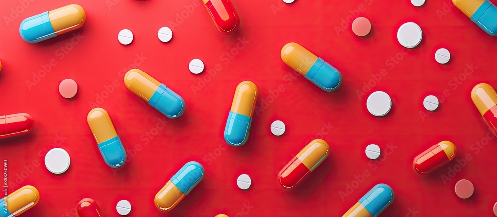 Poster A creative concept featuring a colorful pattern of gelatin medicine capsules on a red background with space for adding an image. Creative banner. Copyspace image