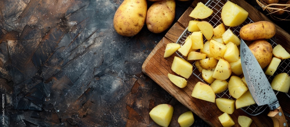 Poster chopped raw potato with a knife on a cutting board next to a potato in a fry basket with copy space 