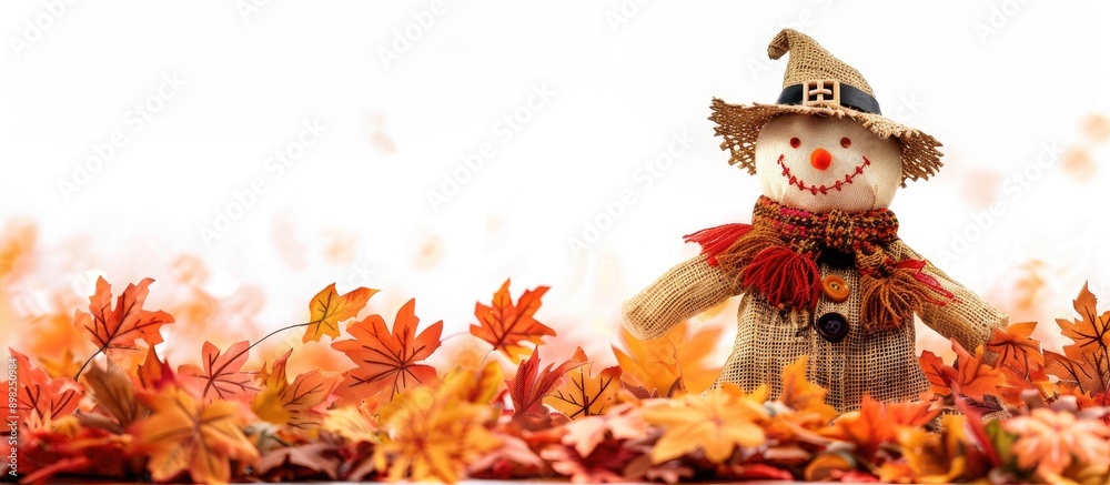 Poster Autumn themed scene featuring fall leaves and a scarecrow on a white background with copy space image