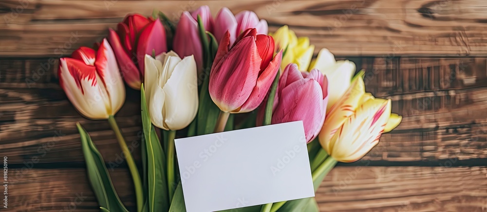 Poster A bouquet of tulips displayed with an empty paper card on a wooden background with copy space image