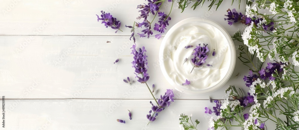 Poster cosmetic cream with lavender and thyme leaves on a white wood table with copy space image