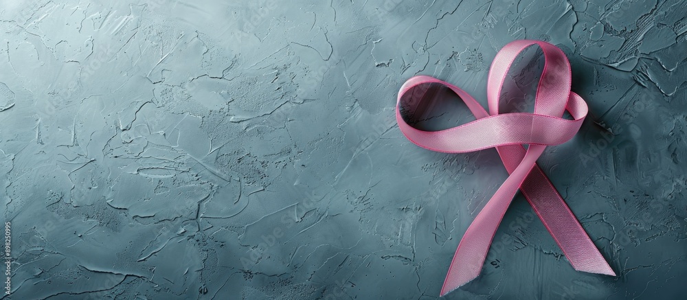 Poster breast cancer awareness concept displayed in a top view copy space image of a pink ribbon on a grey 