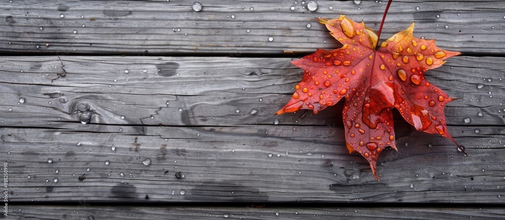 Poster autumn colored maple leaves on a damp wood surface with room for a copy space image