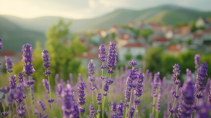 Obraz premium A landscape of lavender fields and a quaint town in the foreground, with mountains distantly visible in the background