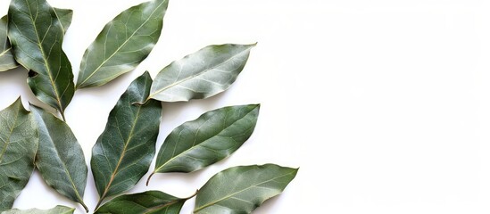 Isolated bay leaves on white backdrop with copy space image available