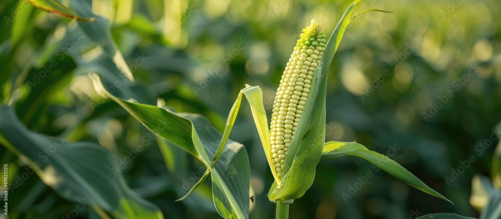 Poster close up view of green maize corn in a summer farm setting with just picked corn on the cob providin