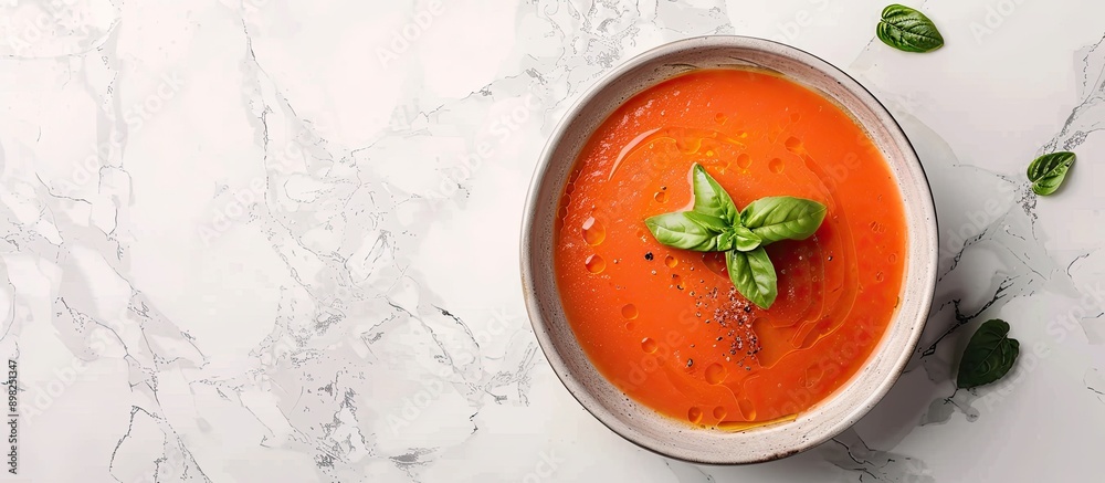 Poster cold gazpacho soup in a bowl on a light stone background with ample copy space image promoting a hea