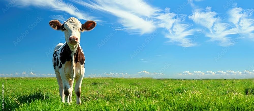 Poster Calf in a green field with a vast blue sky as the background in a copy space image