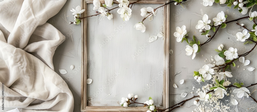 Poster There is a blank frame on the table with a floral arrangement adding to the decor creating a delightful copy space image