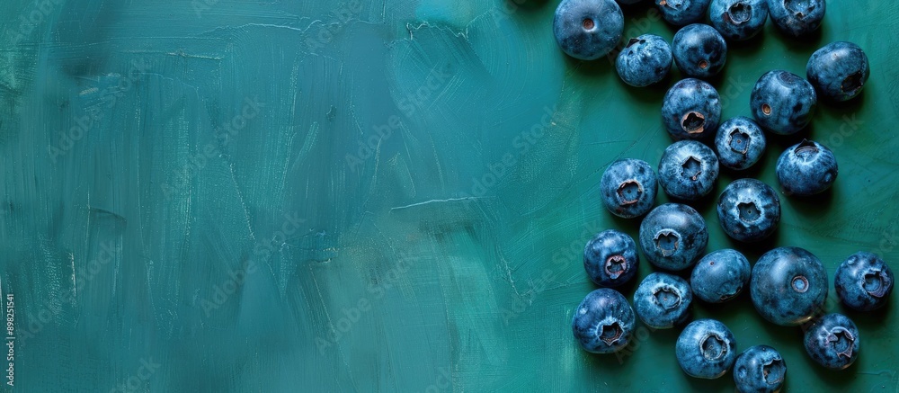 Poster Blueberries arranged on a green surface with copy space image
