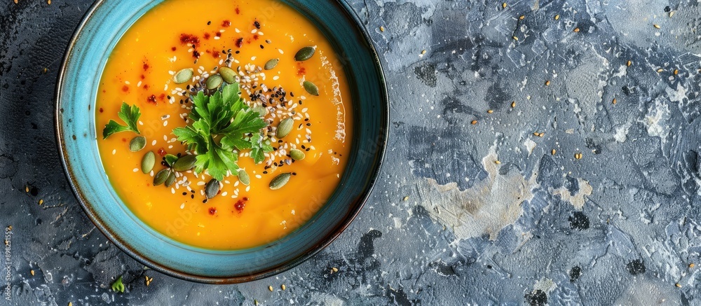 Aufkleber A blue bowl containing butternut cream soup garnished with seeds presented in a top view on a grey stone background with copy space image