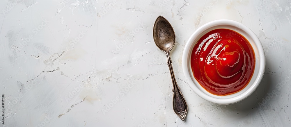 Poster top down view of a bowl and spoon containing organic ketchup on a white table offering copy space fo