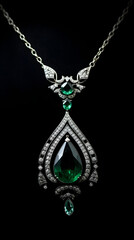 Luxurious White Gold Link Necklace with Exquisite Emeralds Illuminating Against Black Background