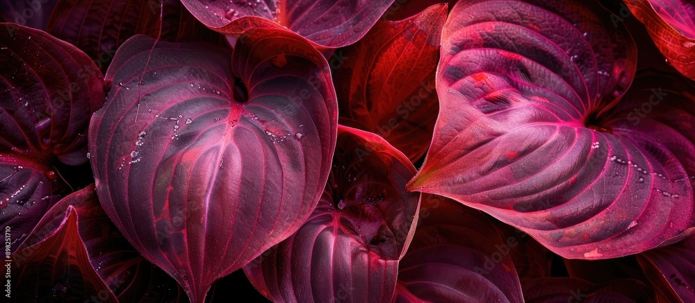 Poster Deep wine colored Hosta leaves host a macro image capturing intricate natural patterns with plenty of copy space